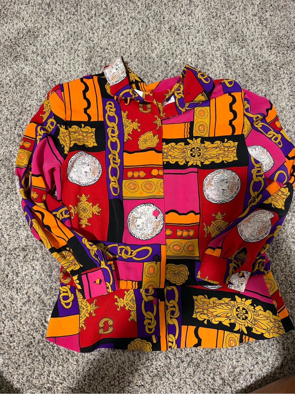 ANDREA FENZI Baroque Chain Print Kids Blouse in Red, Pink, Orange, Black & Gold